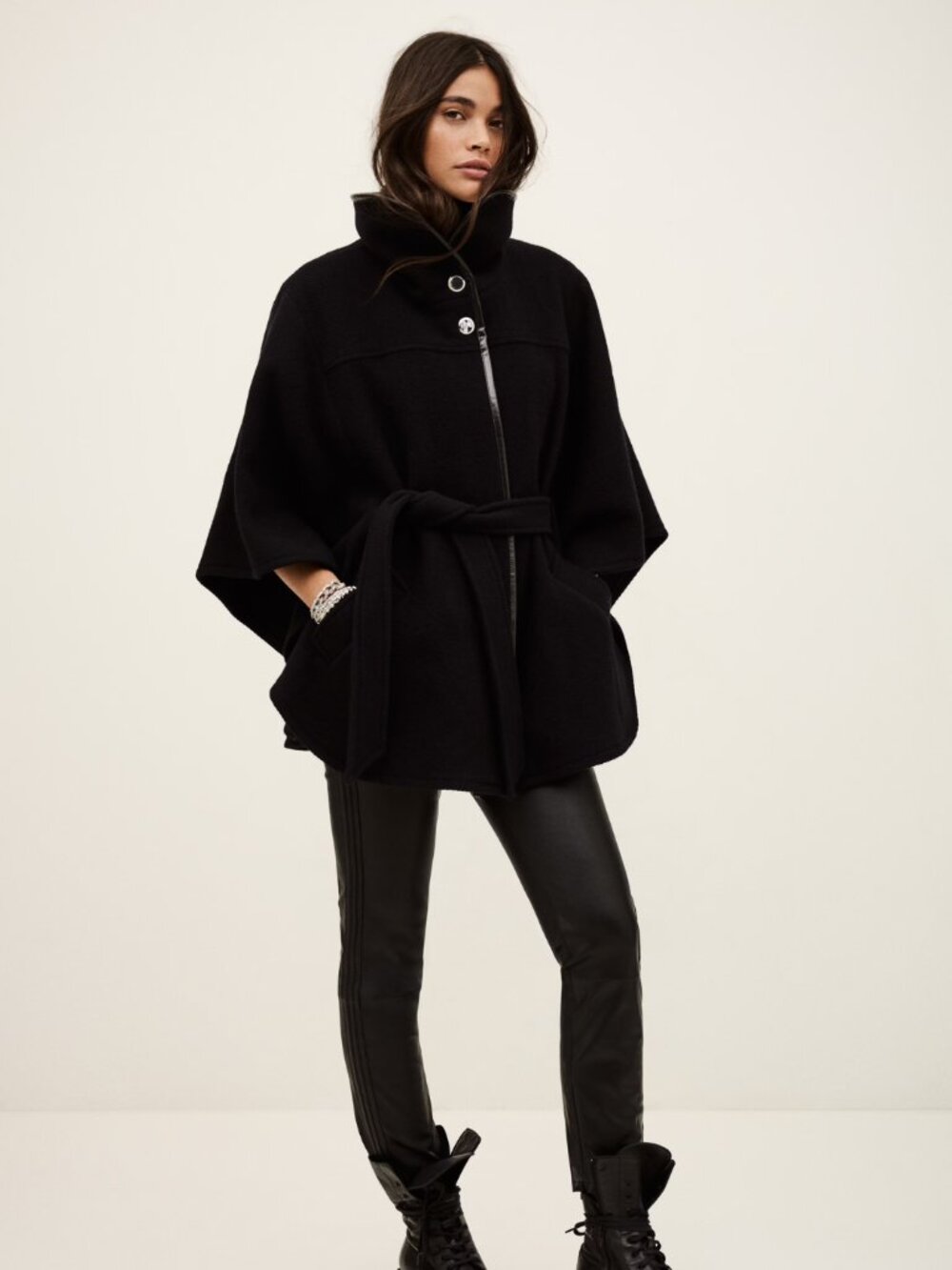 ba&sh Marine Cape Coat Black Wool Blend Belted Button Front Poncho Jacket